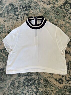 Zara, White Short-Sleeve Mesh Mock Neck Top with Navy Trim
